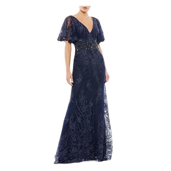 Mac Duggal 67493 Navy Blue Lace Beaded Sheer Flutter Sleeve Gown| Size 10 - Picture 3 of 14